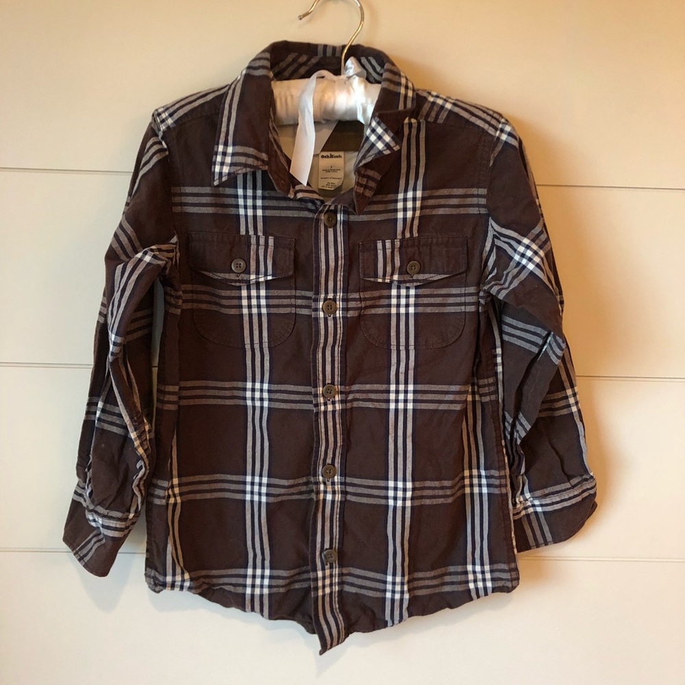 OshKosh Brown Blue Plaid Ling Sleeve Button up Shirt Boys 8